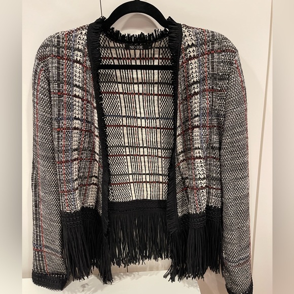 NIC+ZOE Jackets & Blazers - NIC+ZOE Black, White & Red Fringed Plaid Open-Front Blazer